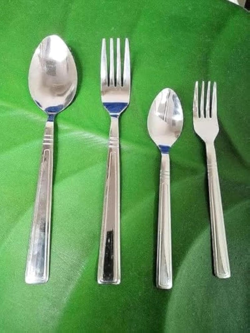 A set of stainless steel spoons, 12 eating spoons, 12 large forks, 12 tea spoons, and 12 gate forks